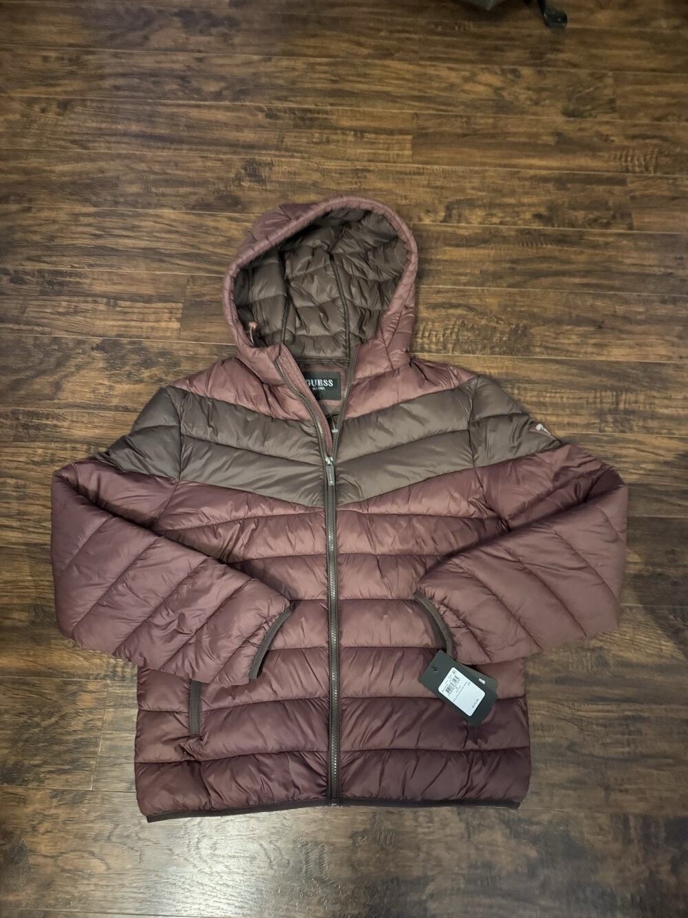 GUESS Jacob Quilted Jacket Pack Hooded Dark Rust Colorblock Sz:S